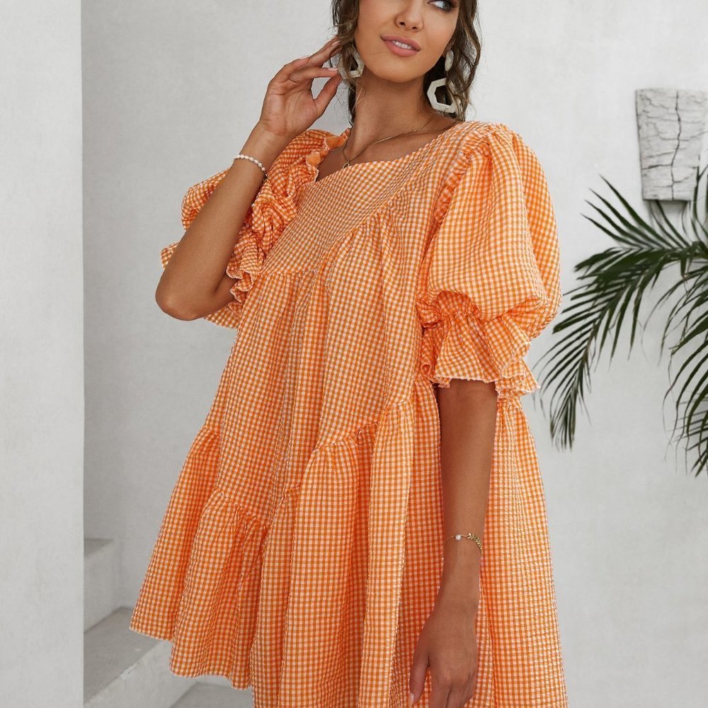 Multicolor Boho Womens Gingham Puff Sleeve Smock Dress - Picture 5 of 7